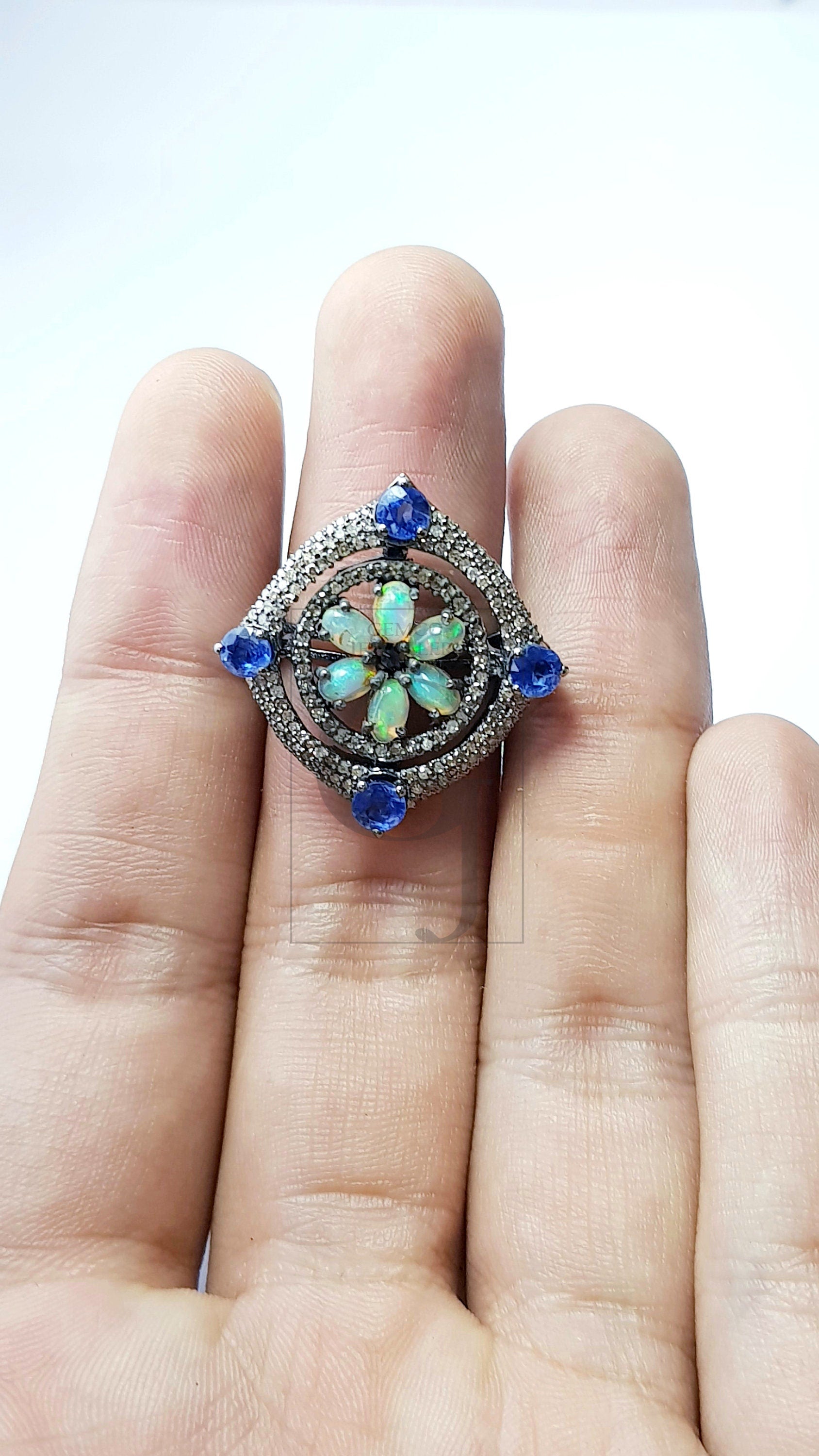 Floral designe Rosecut pave diamond ring 925 sterling silver handmade silver diamond ring, Ehopian opal kyanite stone diamond beautiful ring