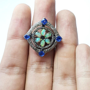 Floral designe Rosecut pave diamond ring 925 sterling silver handmade silver diamond ring, Ehopian opal kyanite stone diamond beautiful ring