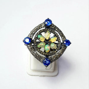 Floral designe Rosecut pave diamond ring 925 sterling silver handmade silver diamond ring, Ehopian opal kyanite stone diamond beautiful ring