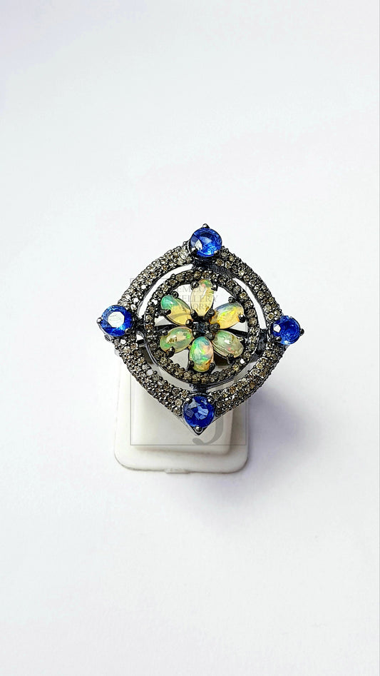 Floral designe Rosecut pave diamond ring 925 sterling silver handmade silver diamond ring, Ehopian opal kyanite stone diamond beautiful ring