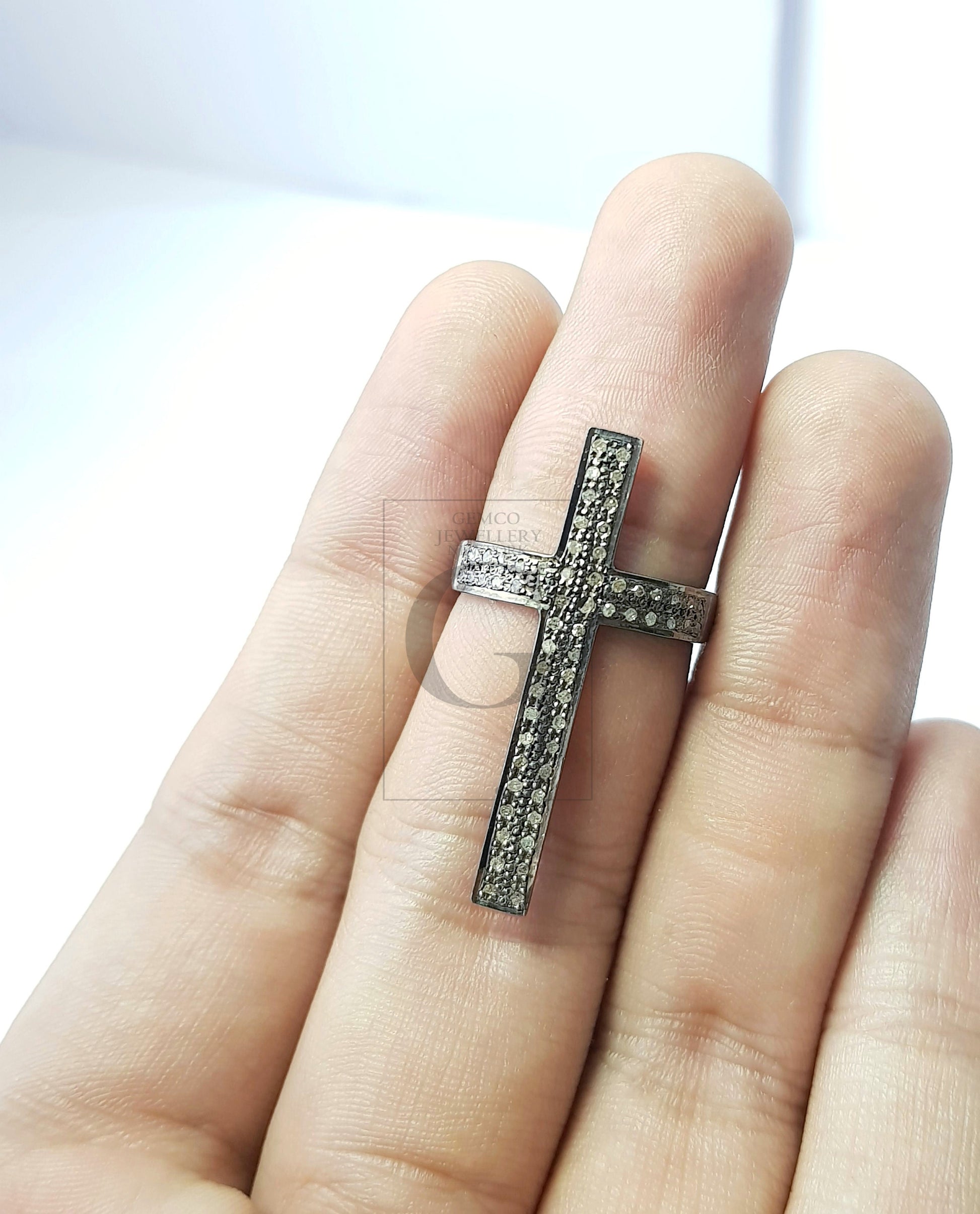 Beautiful Cross Design Pave Diamond Ring Rosecut Pave Diamond Rings 925 Sterling Silver Handmade Silver Finish Diamond Rings