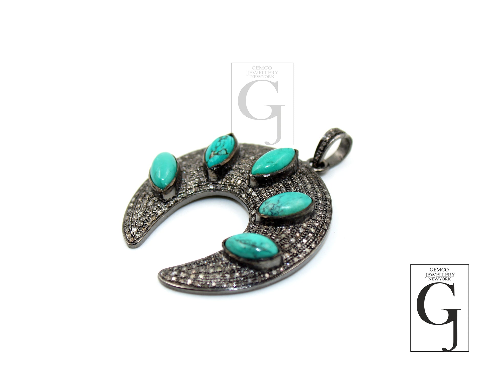 Antique Look Turquoise Crescent Moon Designer Pendant Rosecut Pave Diamond Pendant 925 Sterling Silver Handmade Finish Diamond Jewelry