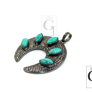 Antique Look Turquoise Crescent Moon Designer Pendant Rosecut Pave Diamond Pendant 925 Sterling Silver Handmade Finish Diamond Jewelry