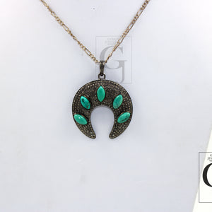 Antique Look Turquoise Crescent Moon Designer Pendant Rosecut Pave Diamond Pendant 925 Sterling Silver Handmade Finish Diamond Jewelry