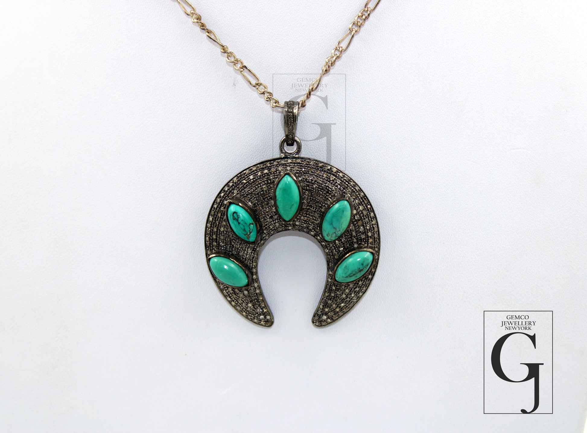 Antique Look Turquoise Crescent Moon Designer Pendant Rosecut Pave Diamond Pendant 925 Sterling Silver Handmade Finish Diamond Jewelry