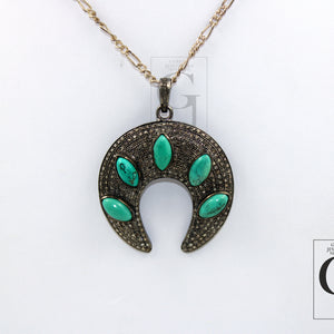 Antique Look Turquoise Crescent Moon Designer Pendant Rosecut Pave Diamond Pendant 925 Sterling Silver Handmade Finish Diamond Jewelry