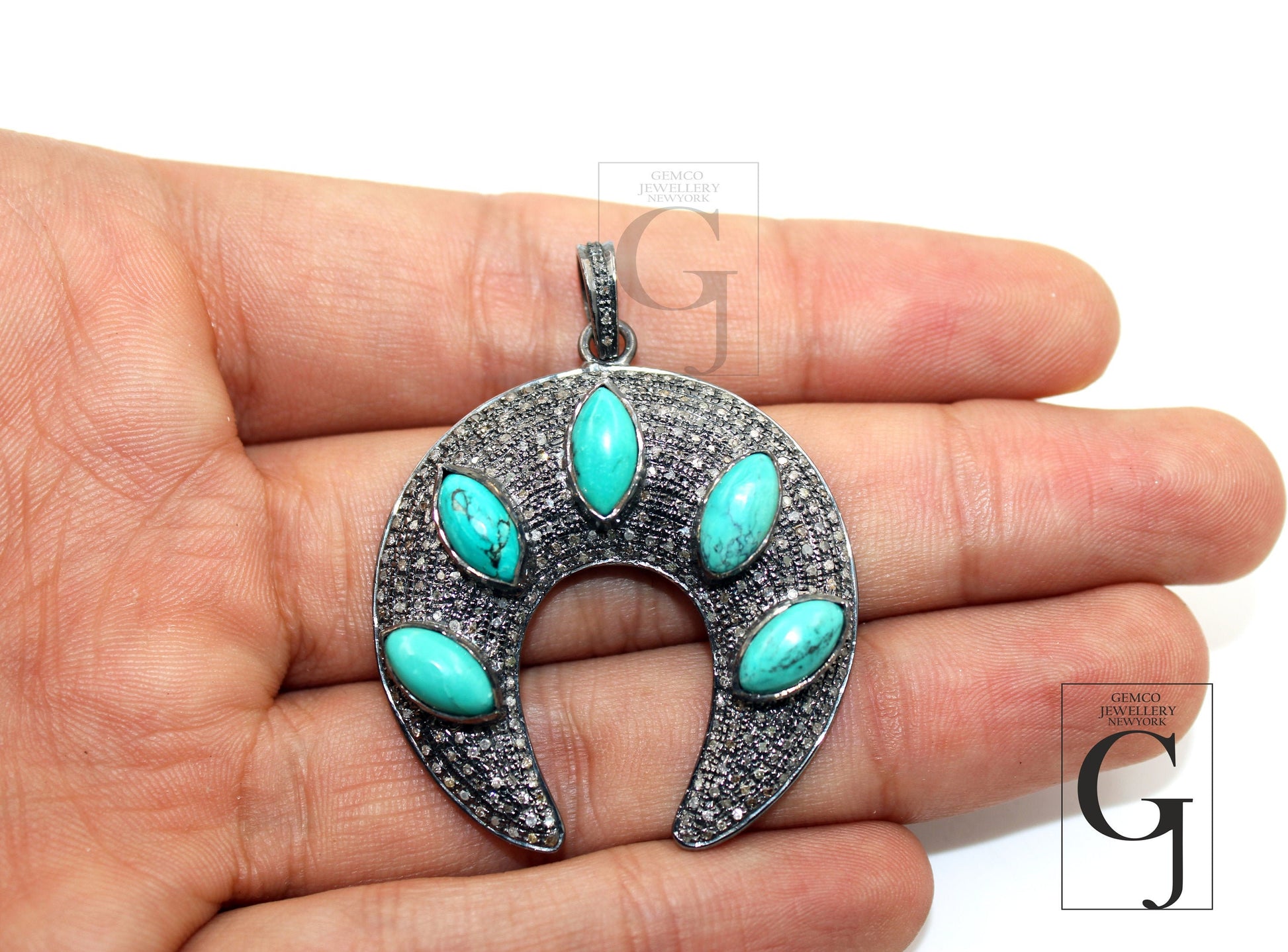 Antique Look Turquoise Crescent Moon Designer Pendant Rosecut Pave Diamond Pendant 925 Sterling Silver Handmade Finish Diamond Jewelry