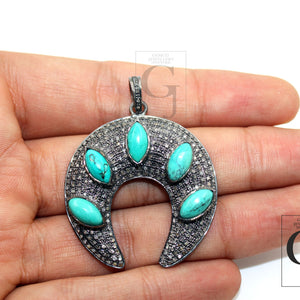 Antique Look Turquoise Crescent Moon Designer Pendant Rosecut Pave Diamond Pendant 925 Sterling Silver Handmade Finish Diamond Jewelry