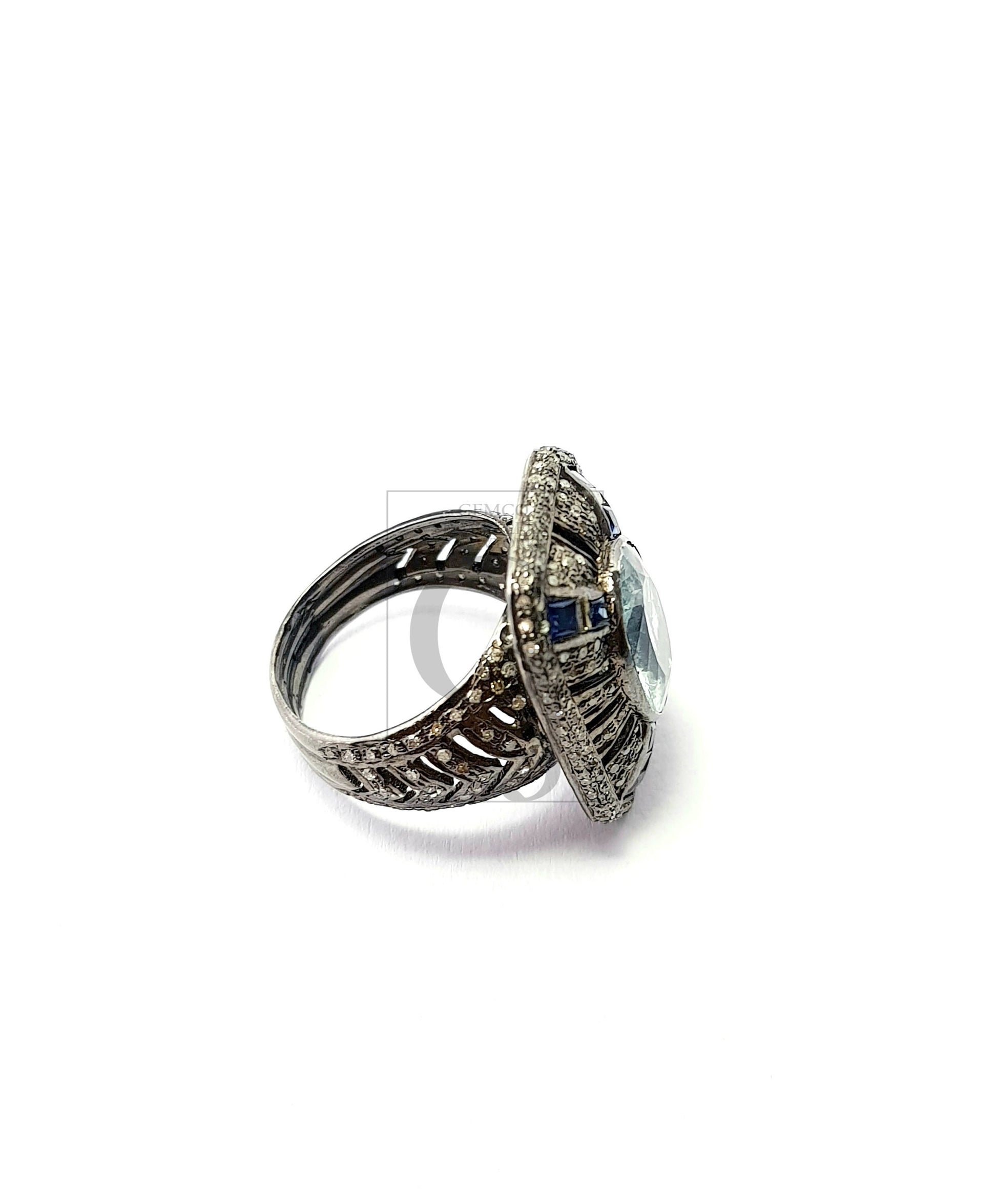 One of a kind designer aquamarine ring Rosecut pave diamond rings 925 sterling silver handmade silver finish diamond rings