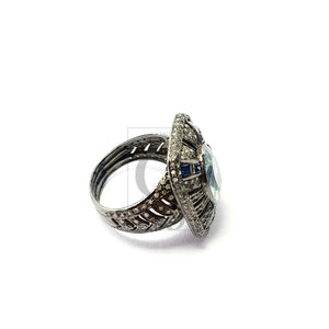 One of a kind designer aquamarine ring Rosecut pave diamond rings 925 sterling silver handmade silver finish diamond rings