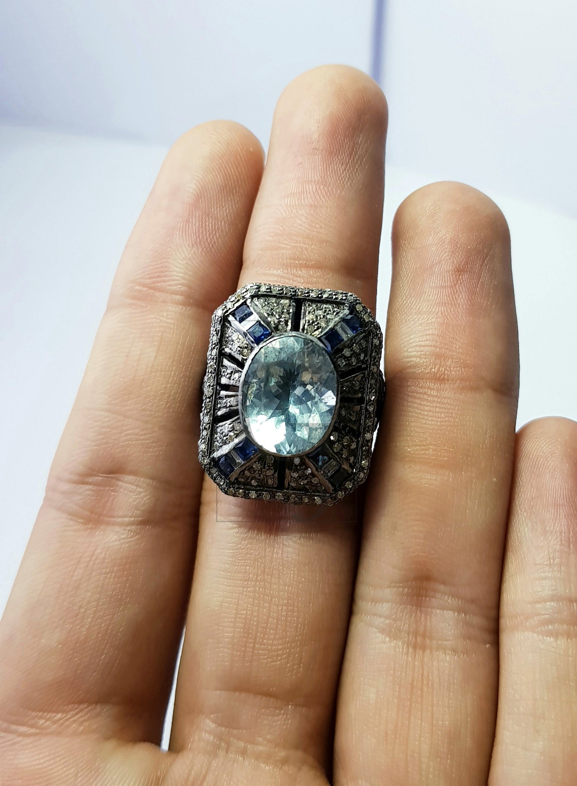 One of a kind designer aquamarine ring Rosecut pave diamond rings 925 sterling silver handmade silver finish diamond rings