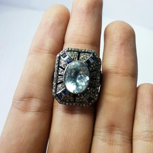 One of a kind designer aquamarine ring Rosecut pave diamond rings 925 sterling silver handmade silver finish diamond rings