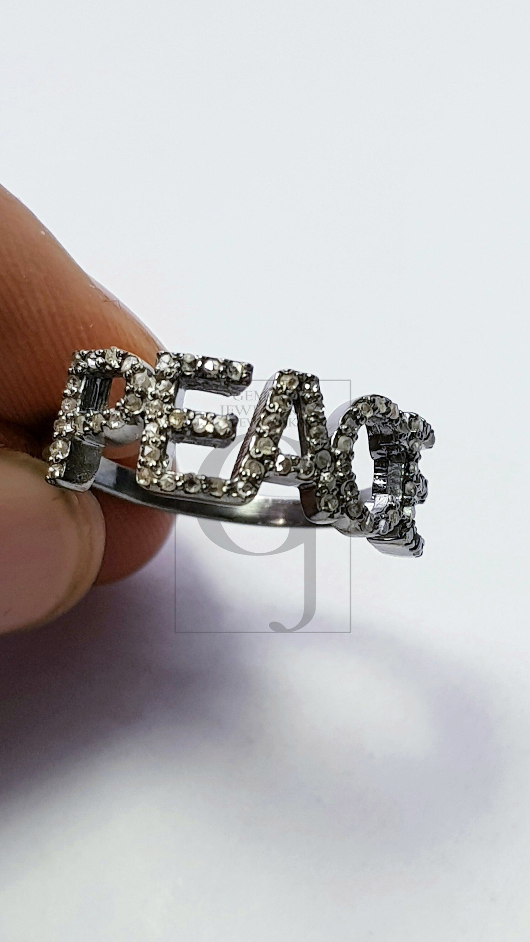 PEACE Word Saying Design Rosecut Pave Diamond Rings 925 Sterling Silver Handmade Silver Finish Fashionable Diamond Rings