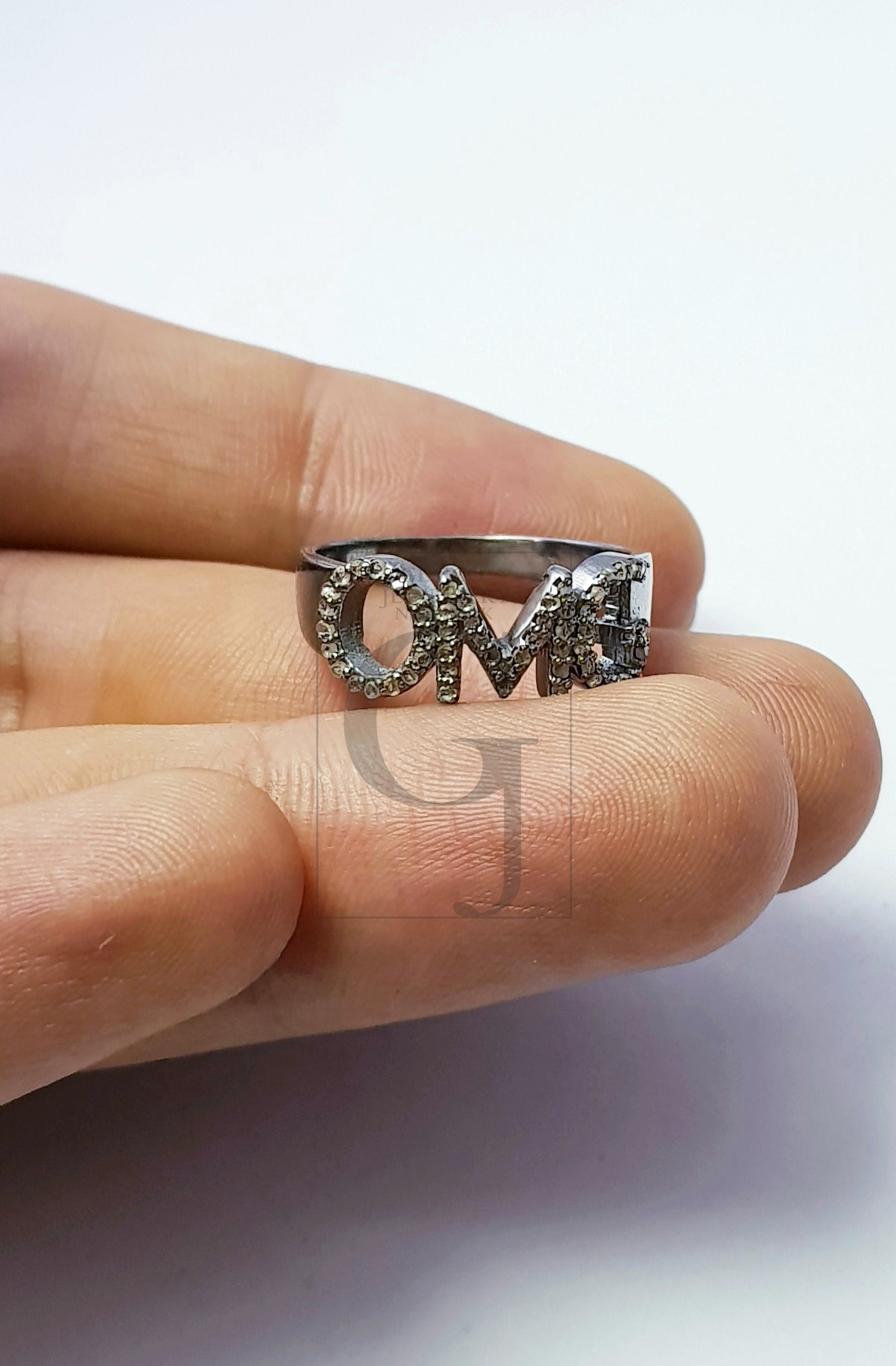 OMG ring word saying ring Rosecut pave diamond rings 925 sterling silver handmade silver finish lates design diamond rings