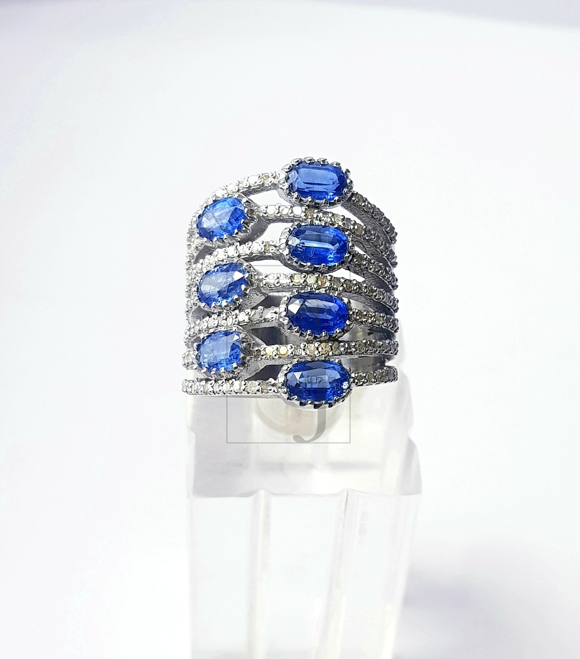 Bluesapphire colour natural kaynite stone Rocecut pave diamond rings 925 sterling silver handmade silver finish designer ring all size