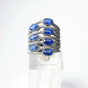 Bluesapphire colour natural kaynite stone Rocecut pave diamond rings 925 sterling silver handmade silver finish designer ring all size