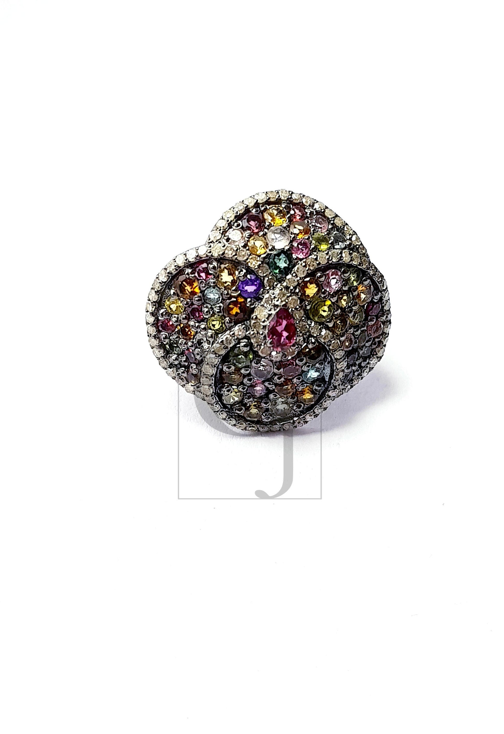 Multi coloured tourmaline stone Very beautiful Rosecut pave diamond rings 925 sterling silver handmade designer victorian look diamond rings