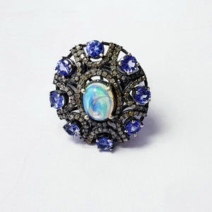 Beautiful Rocecut pave diamond rings 925 sterling silver handmade silver finish real diamond opal tanzanite in all size. diamond ring