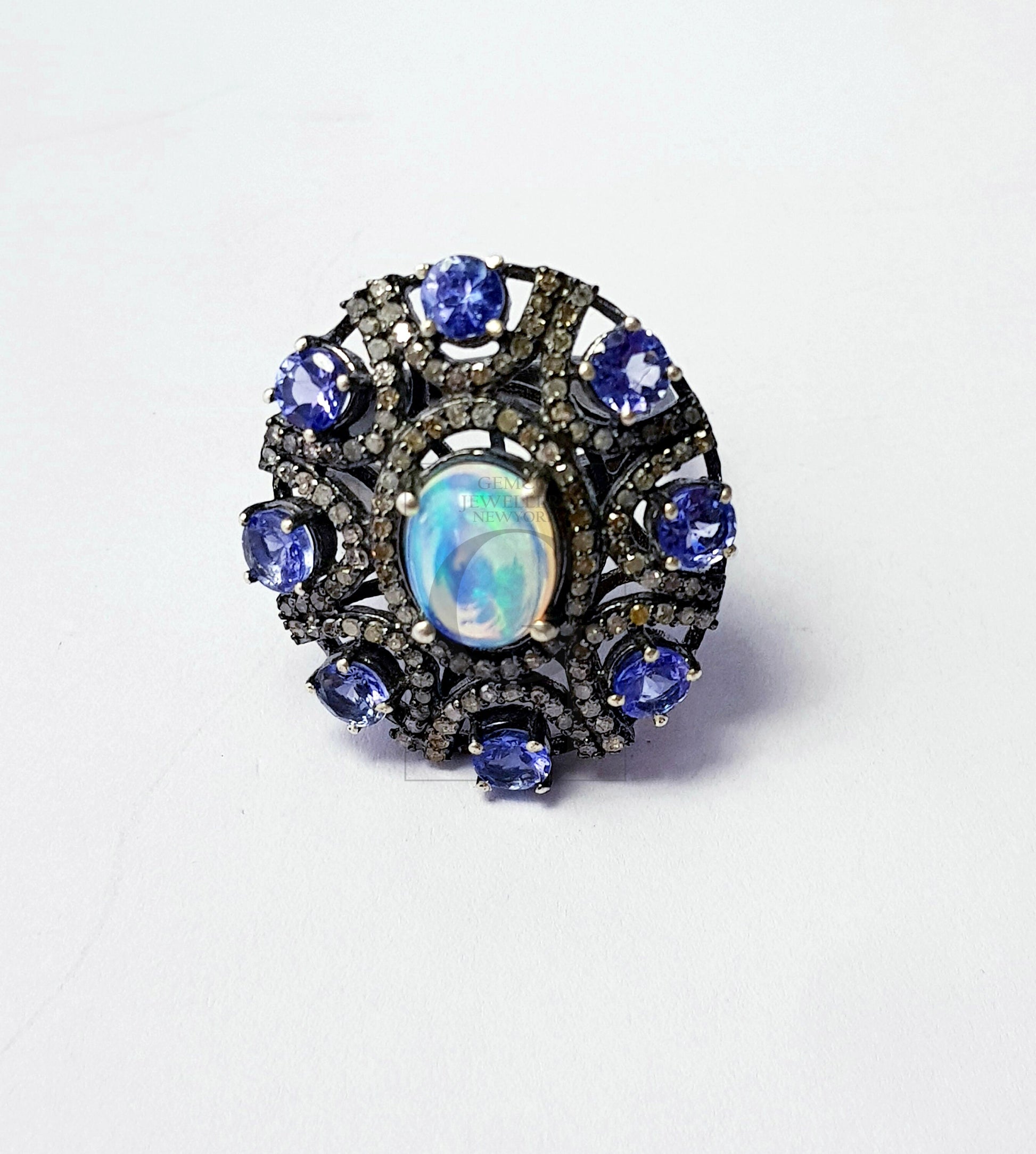 Beautiful Rocecut pave diamond rings 925 sterling silver handmade silver finish real diamond opal tanzanite in all size. diamond ring