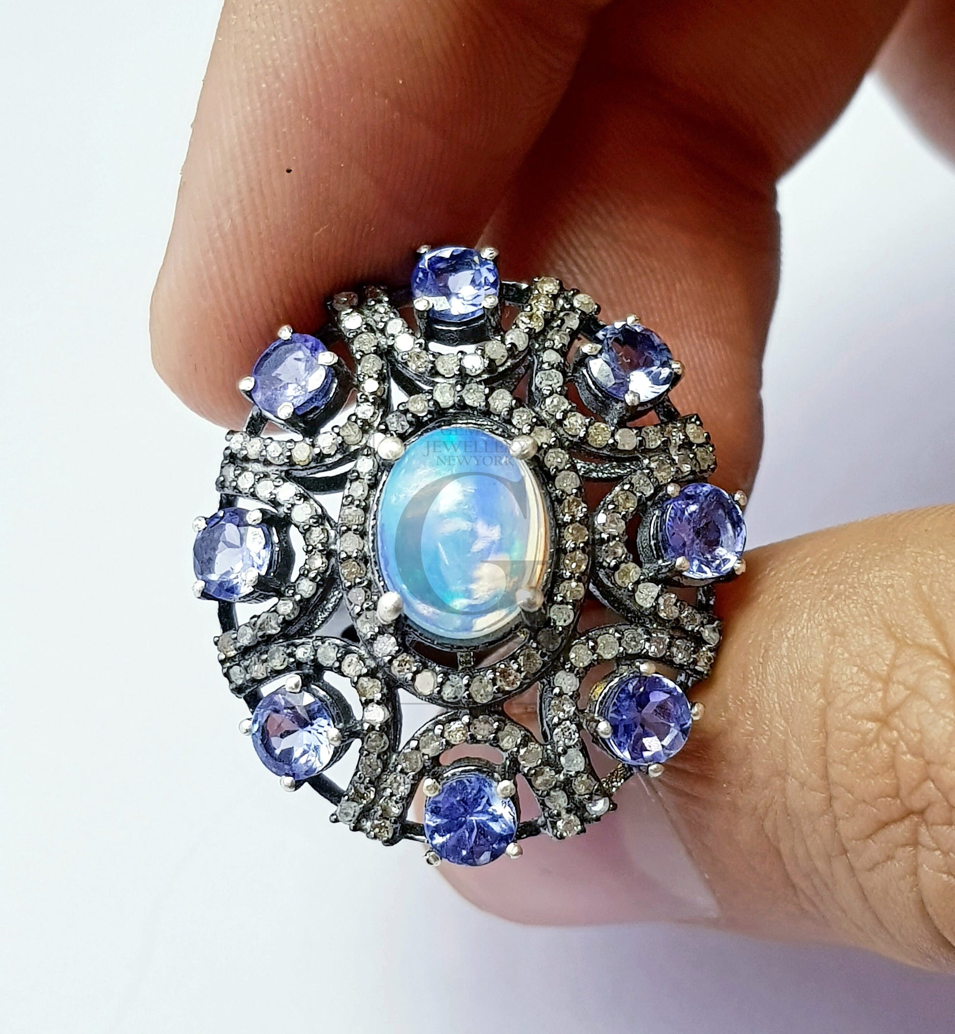 Beautiful Rocecut pave diamond rings 925 sterling silver handmade silver finish real diamond opal tanzanite in all size. diamond ring