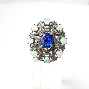 Rocecut pave diamond rings 925 sterling silver handmade silver finish diamond opal and kyanite stone very beautiful  rings