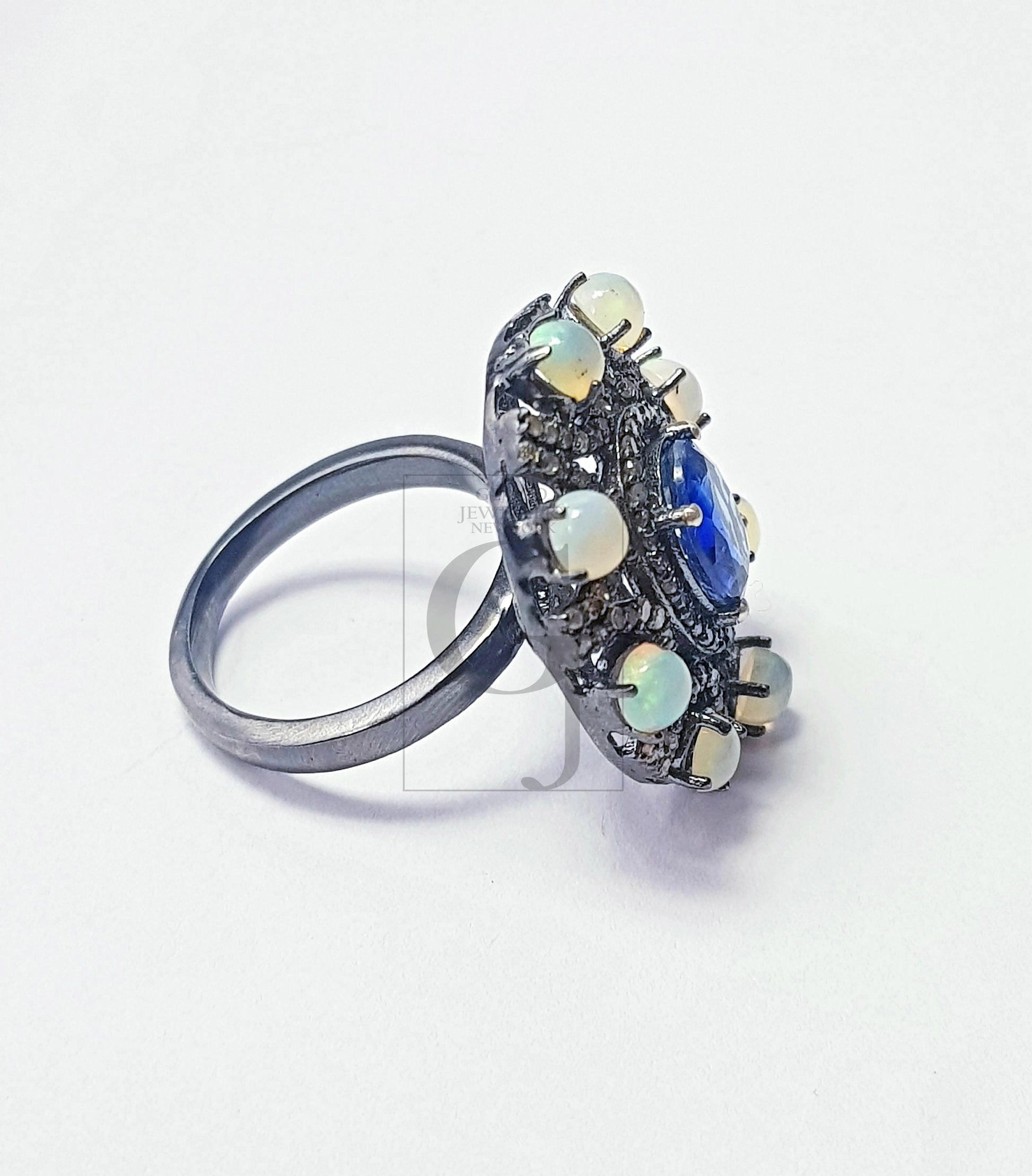 Rocecut pave diamond rings 925 sterling silver handmade silver finish diamond opal and kyanite stone very beautiful  rings