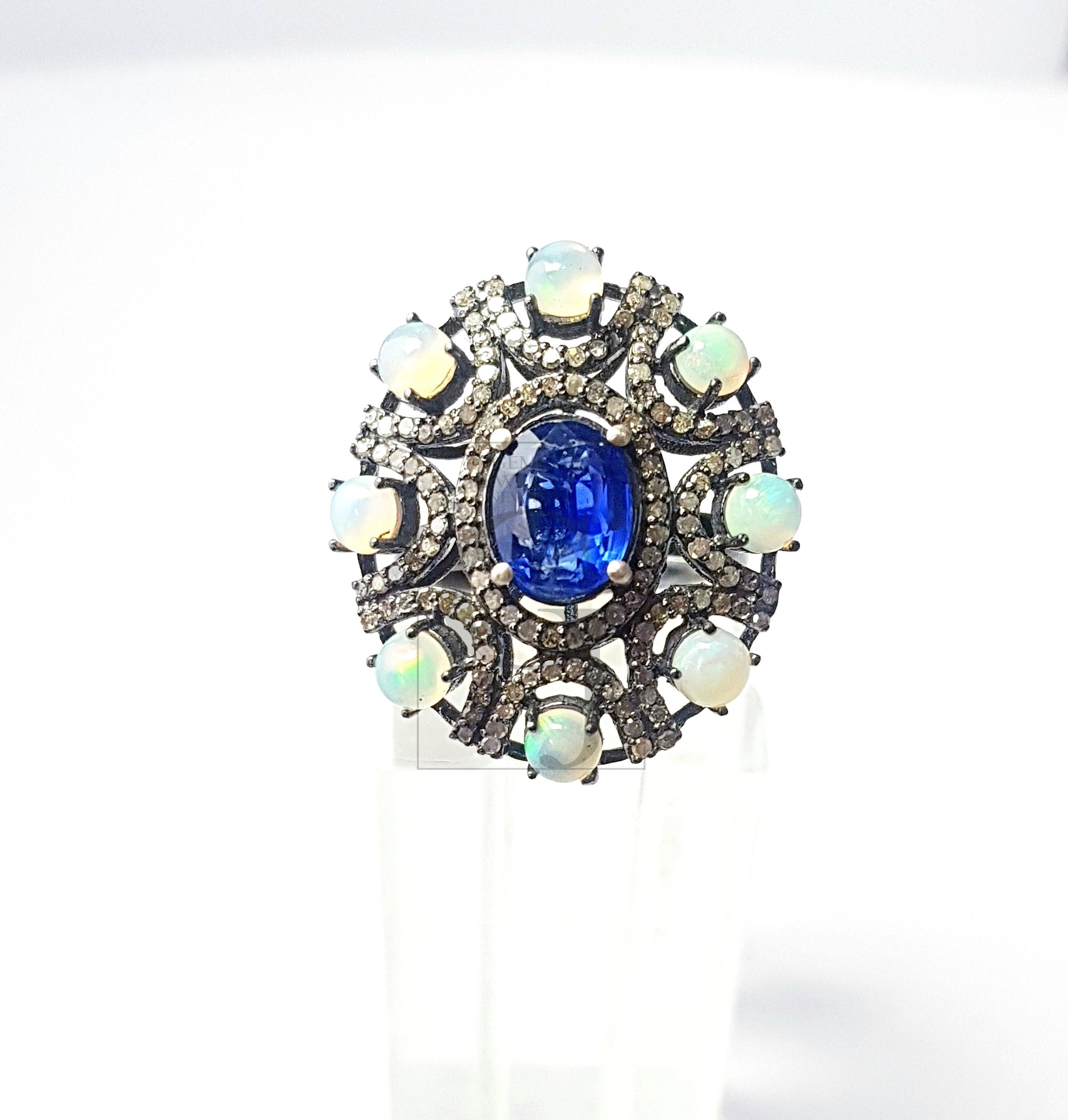 Rocecut pave diamond rings 925 sterling silver handmade silver finish diamond opal and kyanite stone very beautiful  rings