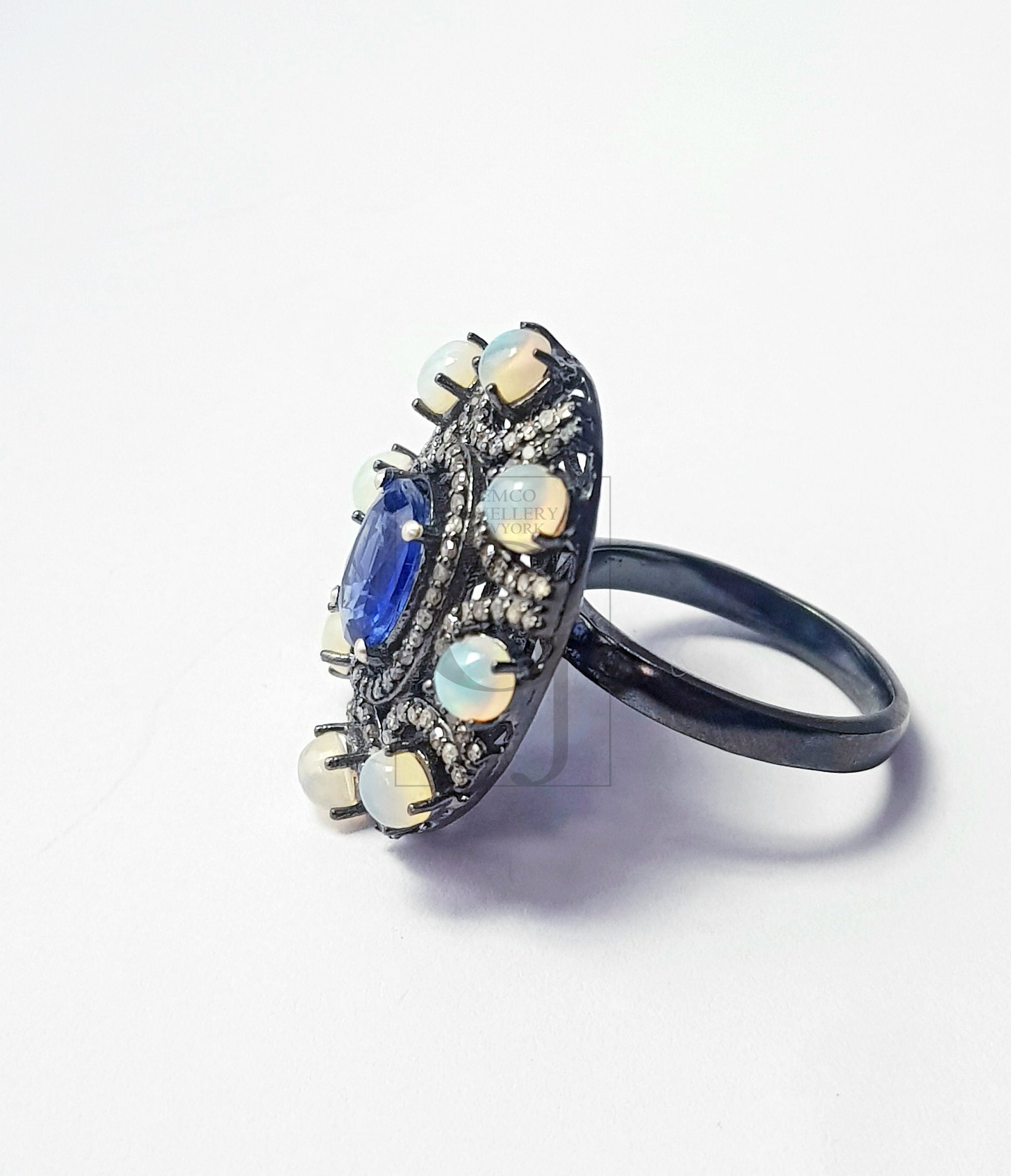 Rocecut pave diamond rings 925 sterling silver handmade silver finish diamond opal and kyanite stone very beautiful  rings