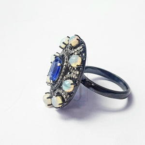 Rocecut pave diamond rings 925 sterling silver handmade silver finish diamond opal and kyanite stone very beautiful  rings