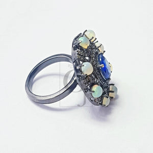 Rocecut pave diamond rings 925 sterling silver handmade silver finish diamond opal and kyanite stone very beautiful  rings