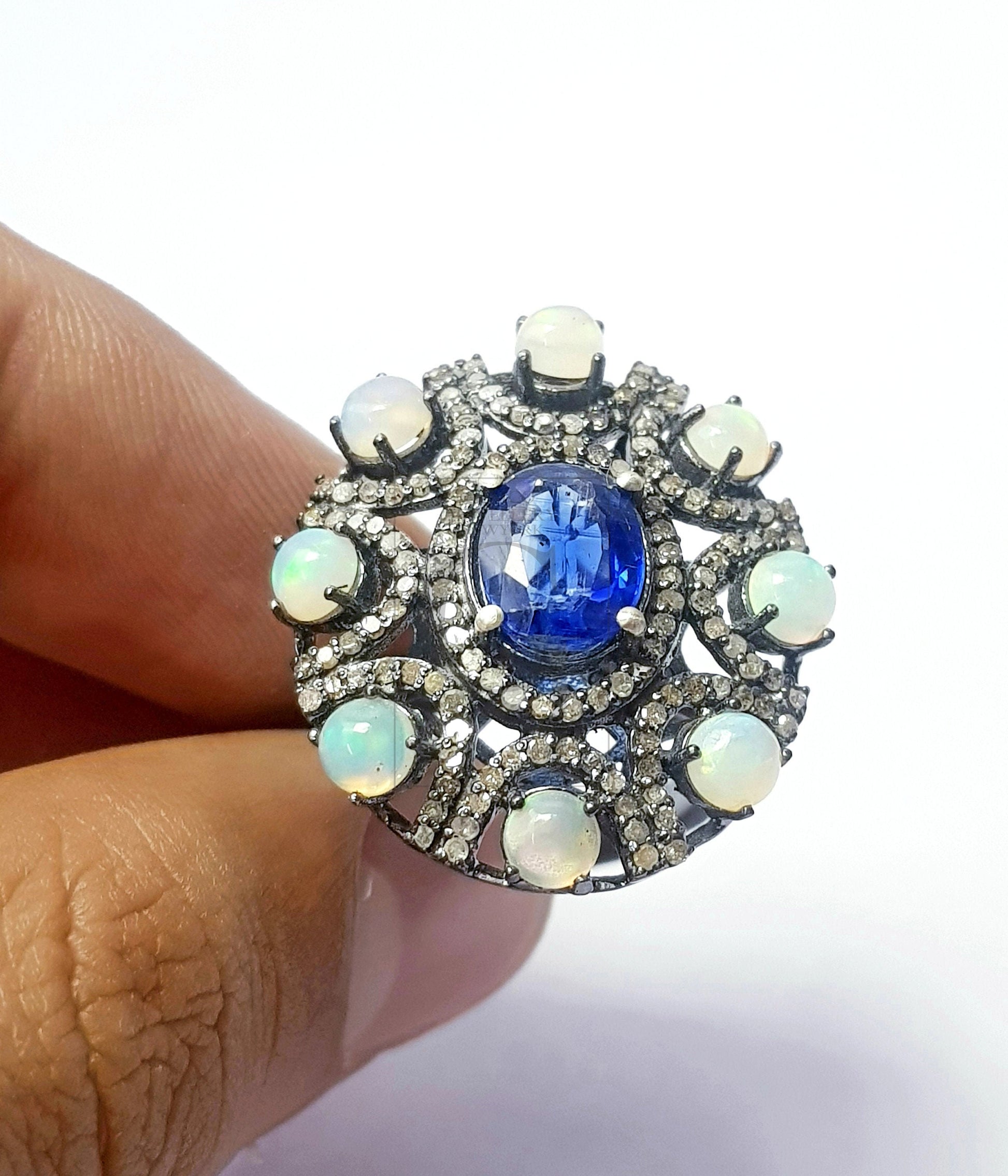 Rocecut pave diamond rings 925 sterling silver handmade silver finish diamond opal and kyanite stone very beautiful  rings