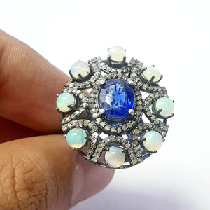 Rocecut pave diamond rings 925 sterling silver handmade silver finish diamond opal and kyanite stone very beautiful  rings