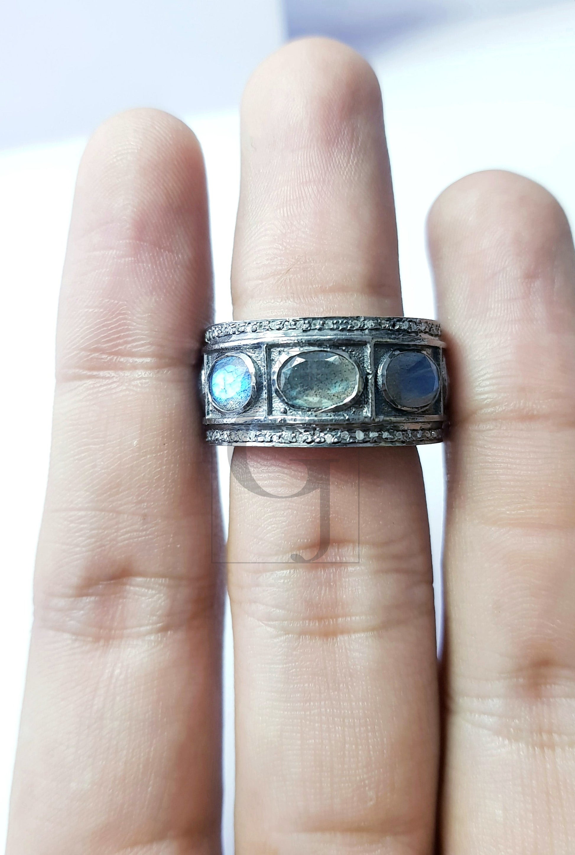 Antique Look Labradorite Ring Design Rosecut Pave Diamond Rings 925 Sterling Silver Handmade Silver Finish Diamond Ring