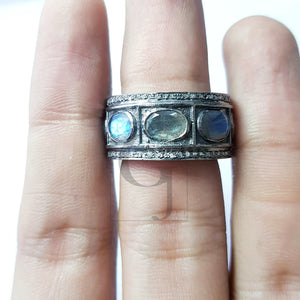 Antique Look Labradorite Ring Design Rosecut Pave Diamond Rings 925 Sterling Silver Handmade Silver Finish Diamond Ring