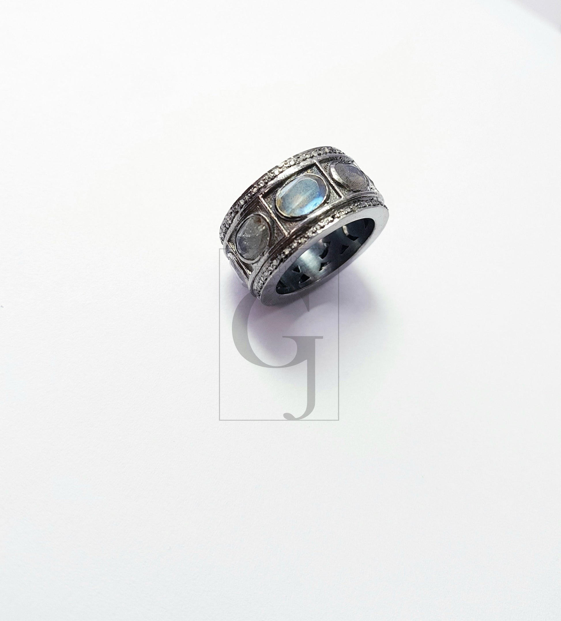 Antique Look Labradorite Ring Design Rosecut Pave Diamond Rings 925 Sterling Silver Handmade Silver Finish Diamond Ring