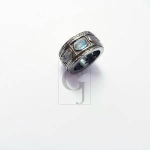 Antique Look Labradorite Ring Design Rosecut Pave Diamond Rings 925 Sterling Silver Handmade Silver Finish Diamond Ring