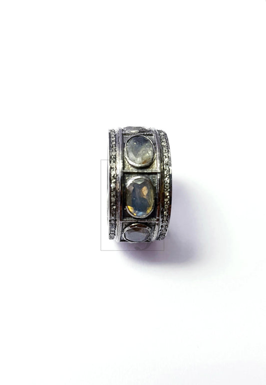 Antique Look Labradorite Ring Design Rosecut Pave Diamond Rings 925 Sterling Silver Handmade Silver Finish Diamond Ring