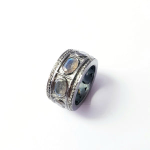 Antique Look Labradorite Ring Design Rosecut Pave Diamond Rings 925 Sterling Silver Handmade Silver Finish Diamond Ring