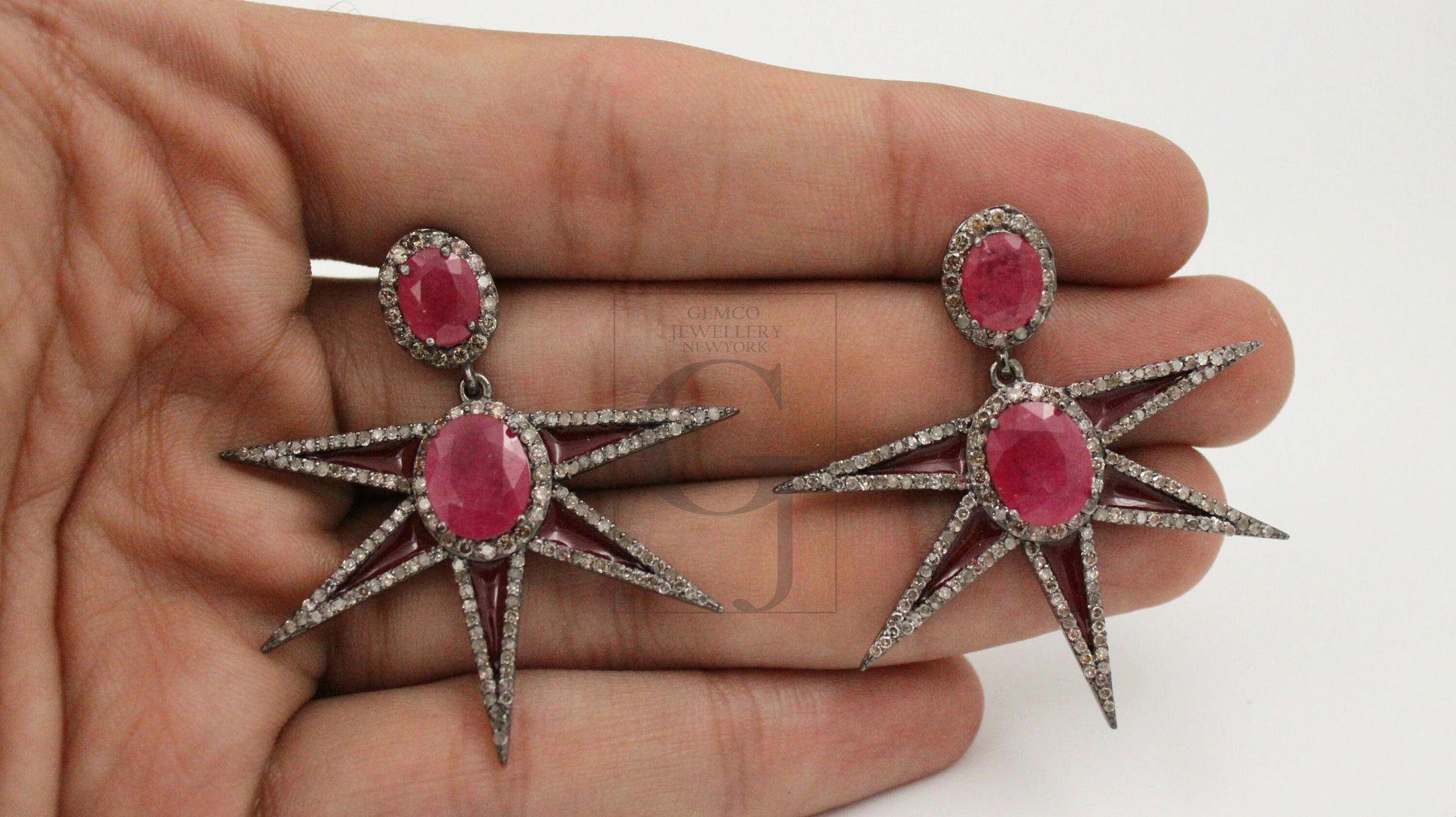 Star design ruby enameling designer earring Rosecut pave diamond earrings 925 sterling silver handmade silver finish diamond earrings