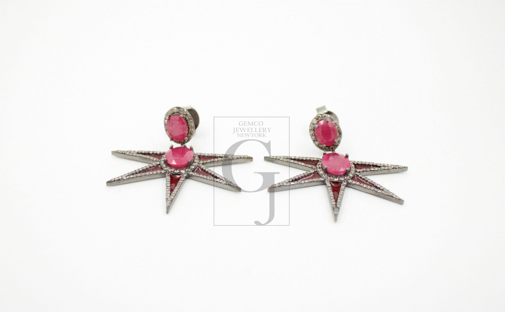 Star design ruby enameling designer earring Rosecut pave diamond earrings 925 sterling silver handmade silver finish diamond earrings