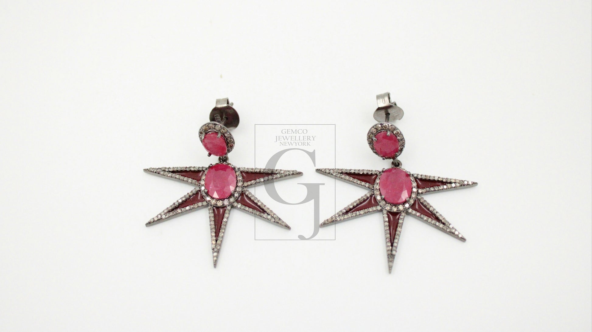 Star design ruby enameling designer earring Rosecut pave diamond earrings 925 sterling silver handmade silver finish diamond earrings