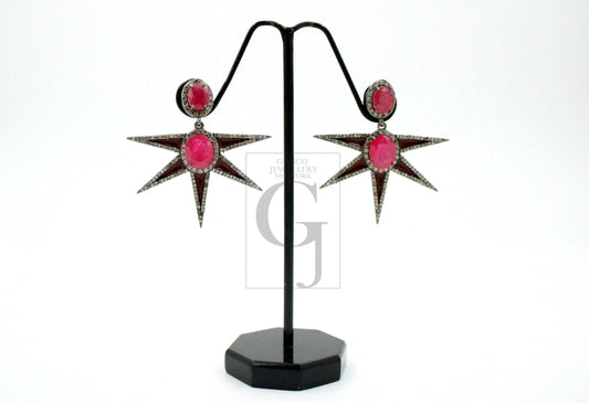 Star design ruby enameling designer earring Rosecut pave diamond earrings 925 sterling silver handmade silver finish diamond earrings