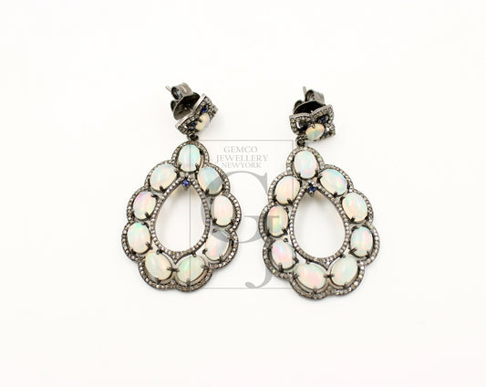 Very Beautiful Natural Opal Designer Earring Rosecut Pave Diamond Earrings 925 Sterling Silver Handmade Silver Finish Diamond Earring