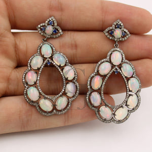 Very Beautiful Natural Opal Designer Earring Rosecut Pave Diamond Earrings 925 Sterling Silver Handmade Silver Finish Diamond Earring