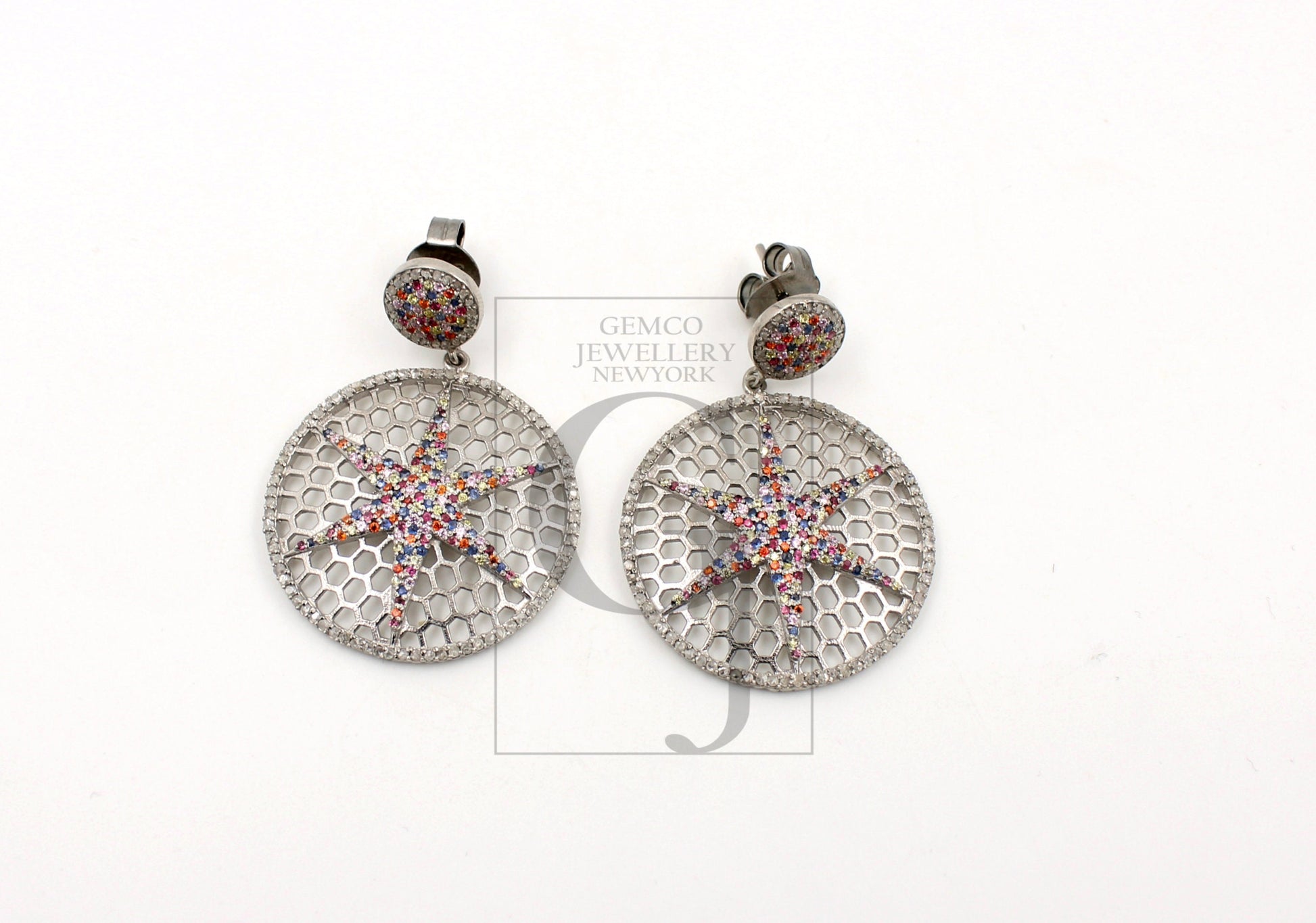 Very beautiful Multi sapphire Star designer earring Rosecut pave diamond earrings 925 sterling silver handmade silver finish diamond earring