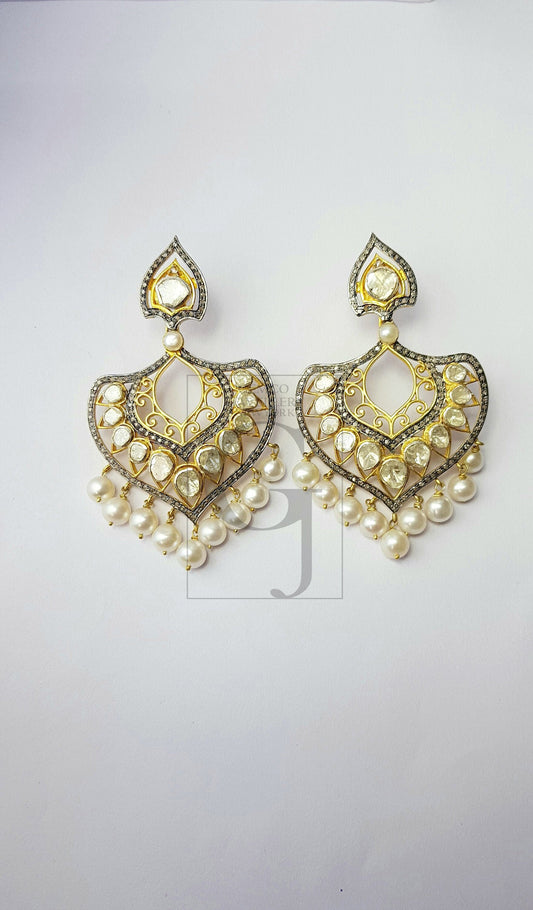 Victorian Inspired Polki Diamond Traditional Antique Look Rosecut Pave Diamonds And Pearl Earring ,Wedding Earing Flat Cut Diamond Vermeil