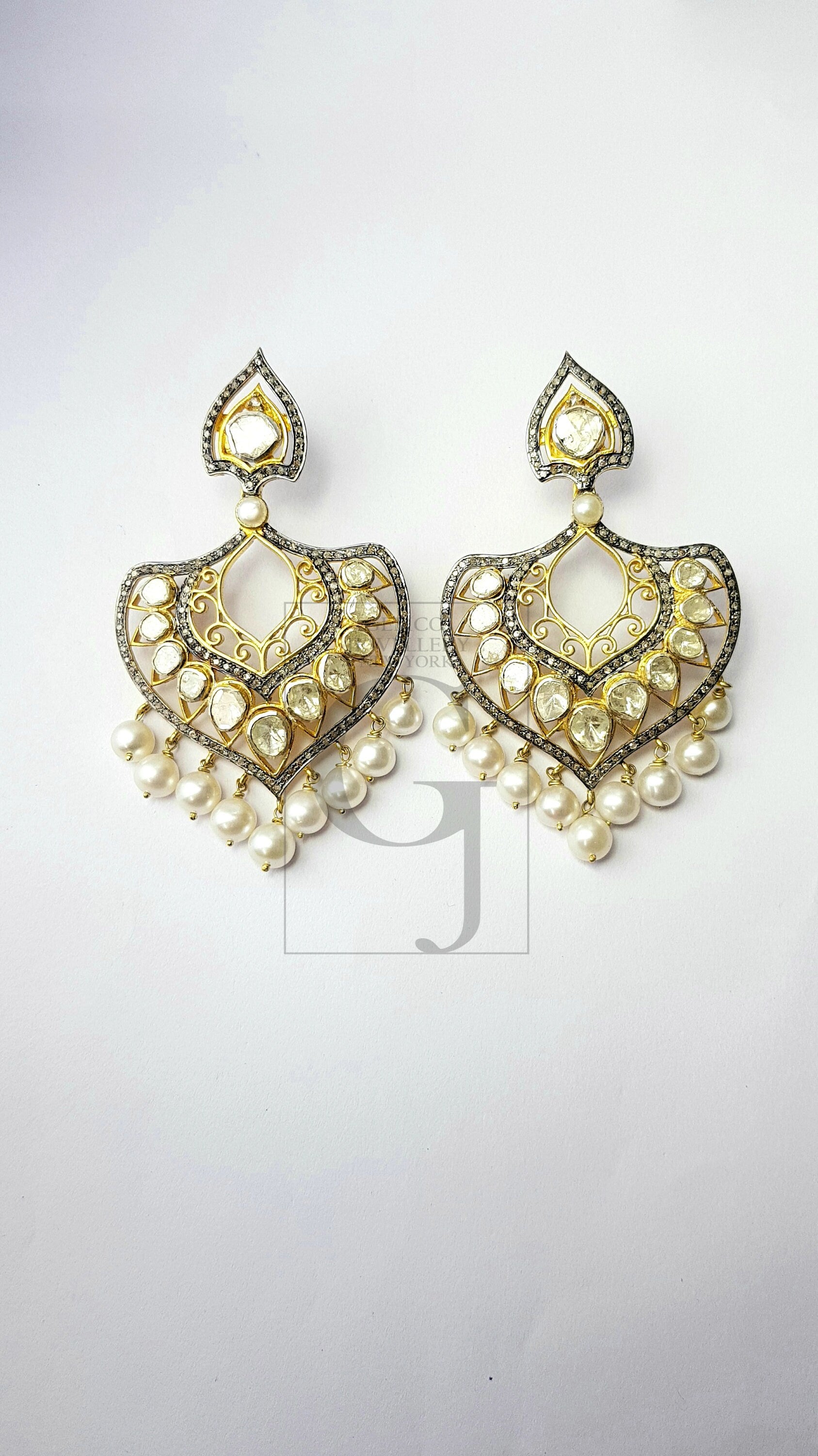 Victorian Inspired Polki Diamond Traditional Antique Look Rosecut Pave Diamonds And Pearl Earring ,Wedding Earing Flat Cut Diamond Vermeil