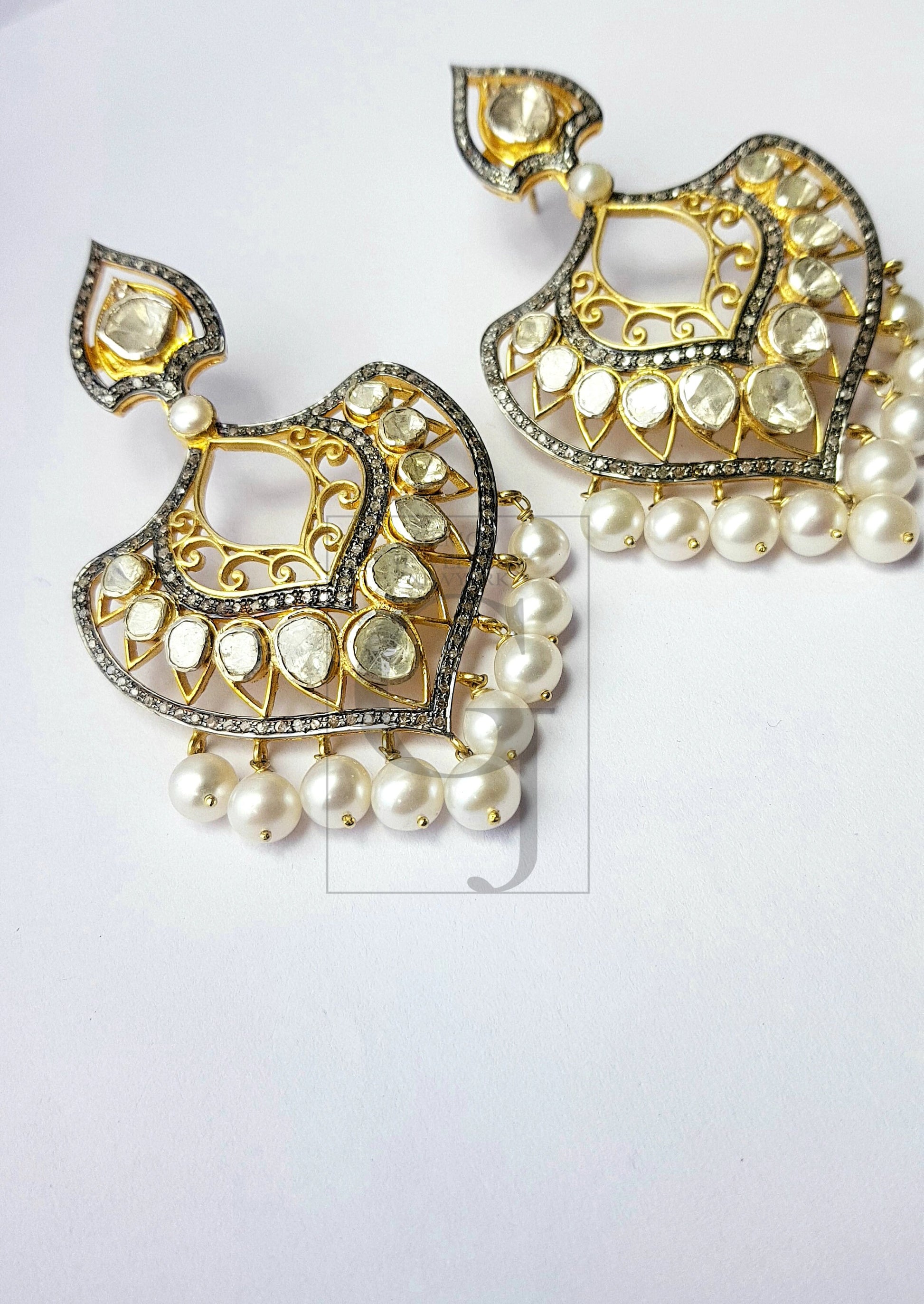 Victorian Inspired Polki Diamond Traditional Antique Look Rosecut Pave Diamonds And Pearl Earring ,Wedding Earing Flat Cut Diamond Vermeil