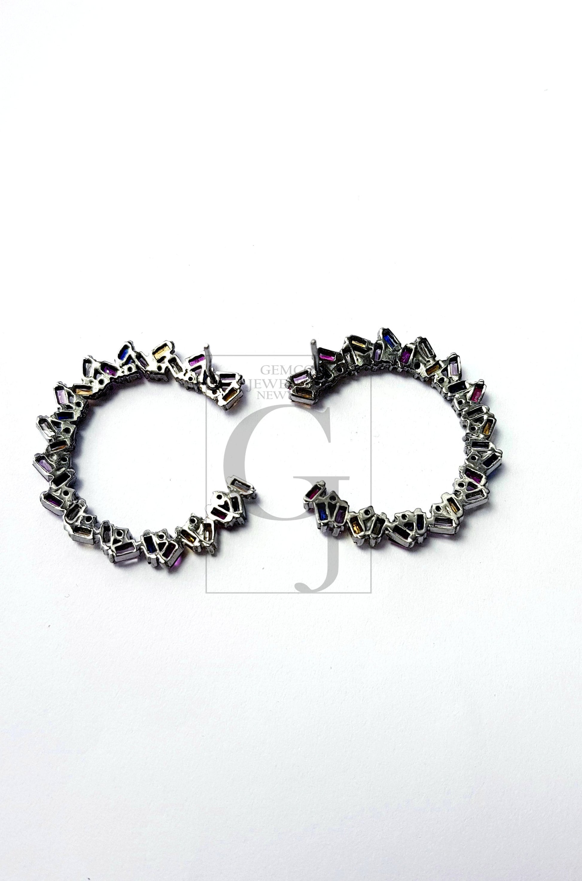 Natural multi colored sapphire stone baguettes hoop style rosecut pave setting diamond sterling silver earring ,antique look hoop earring