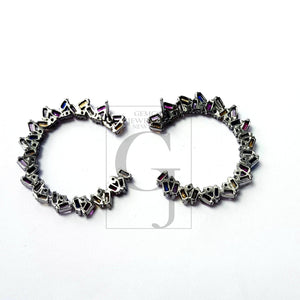 Natural multi colored sapphire stone baguettes hoop style rosecut pave setting diamond sterling silver earring ,antique look hoop earring